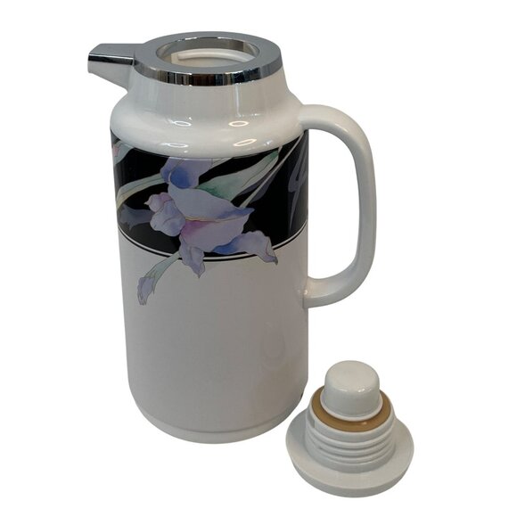 VTG Mikasa One Liter 4 cup Thermal Jug Coffee Pitcher Charisma Black Floral GUC - Picture 3 of 12